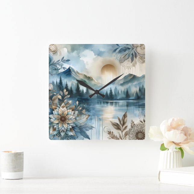Relógio Quadrado Rainer Day Watercolor Mountain Lake Rustic Boho (Lar)