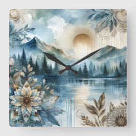Relógio Quadrado Rainer Day Watercolor Mountain Lake Rustic Boho