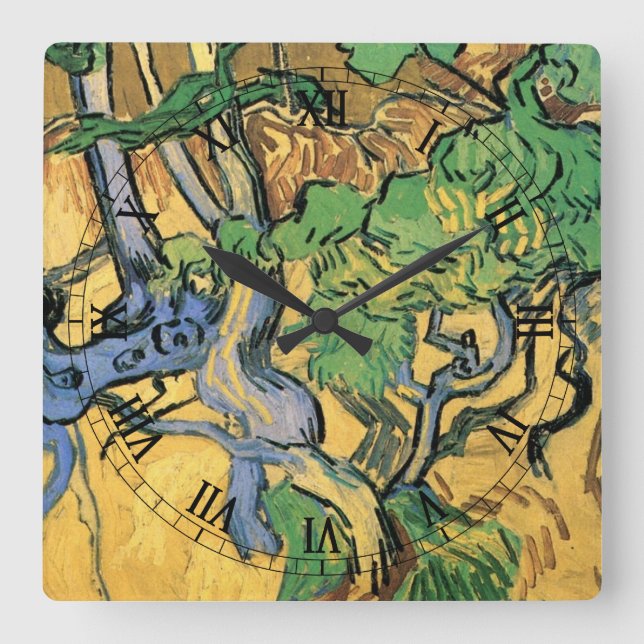 Relógio Quadrado Raízes e Troncos de Árvores por Vincent van Gogh (Frente)