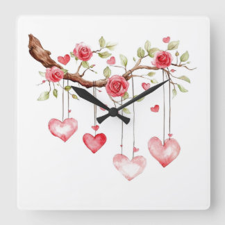 Relógio Quadrado Ramo de Rosas Cor-de-Rosa em Aquarela com Corações