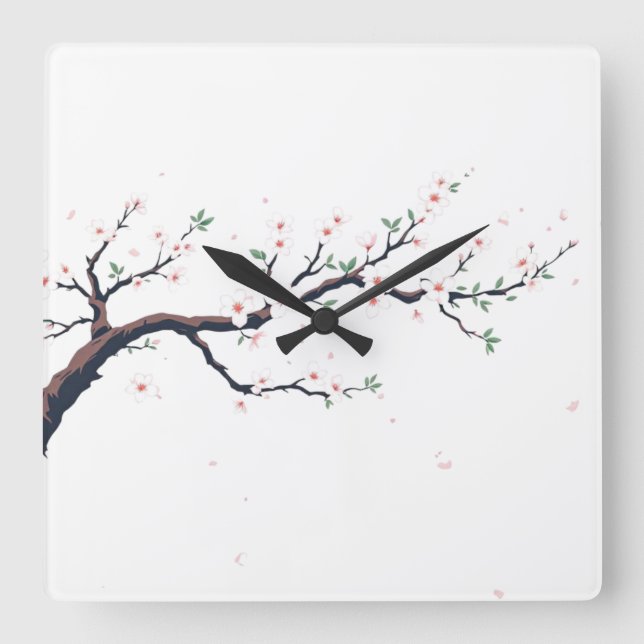 Relógio Quadrado Ramo Mínimo de Árvore Japonesa (Frente)