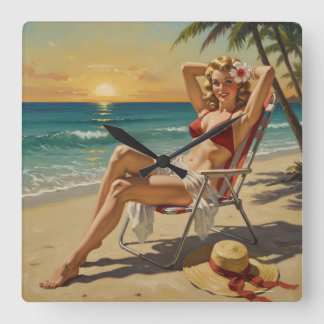 Relógio Quadrado Rapariga na praia Retro '50 Pin-up art