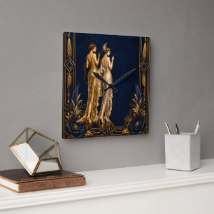 Relógio Quadrado Rapazes flapper Art Deco azul ouro Gatsby decoupag