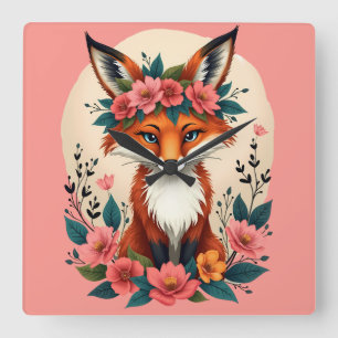 Relógio Quadrado Raposa Boho Caprichosa com Coroa Floral da Florest