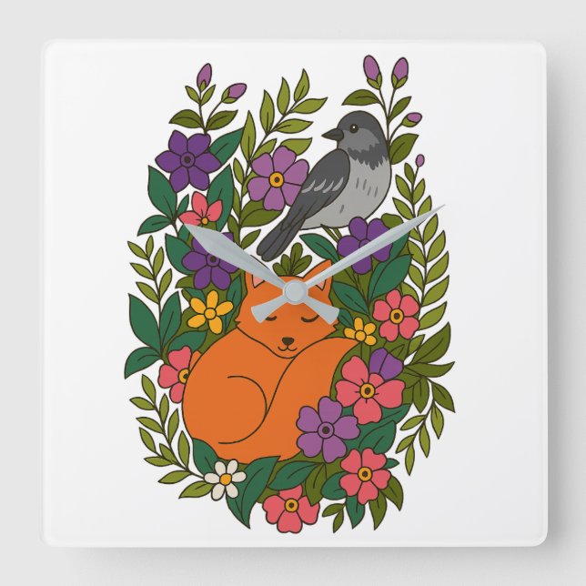 Relógio Quadrado Raposa, pombo e flores (Frente)