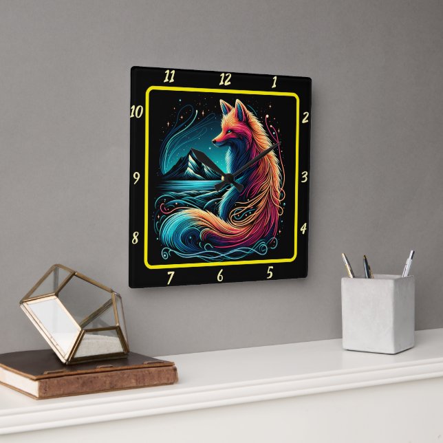 Relógio Quadrado Raposa Superando Montanhas Midnight (Escritório)