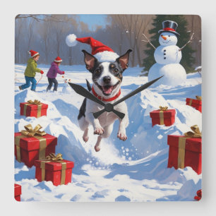 Relógio Quadrado Rat Terrier Correndo na Neve com Chapéu de Natal