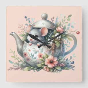 Relógio Quadrado Rato Fofo em Ilustração de Bule de Chá Floral