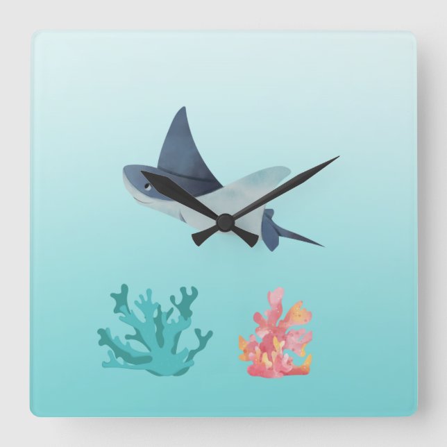 Relógio Quadrado Ray Fish Underwater ilustration Wall Clock (Frente)