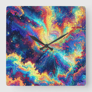 Relógio Quadrado Reação Cósmica - Abstrato Vibrante e Colorido