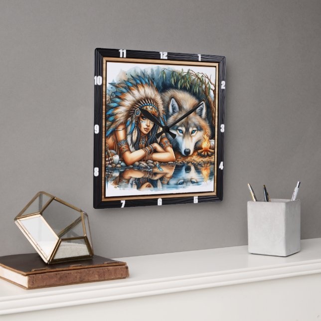 Relógio Quadrado Recolha Nativa: Sabedoria Sagrada do Pedra de Fogo (Escritório)