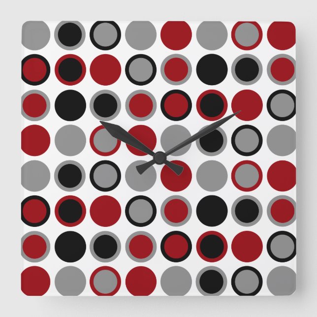 Relógio Quadrado Red, Black and Gray Circles  (Frente)