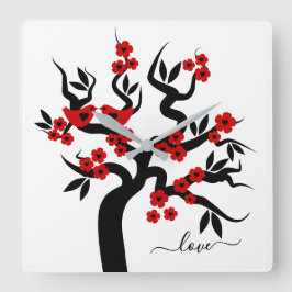 Relógio Quadrado Red Black Love bird sakura cherry tree e blossomes
