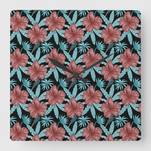 Relógio Quadrado Red flowers tropical seamless pattern &blue leaves (Frente)