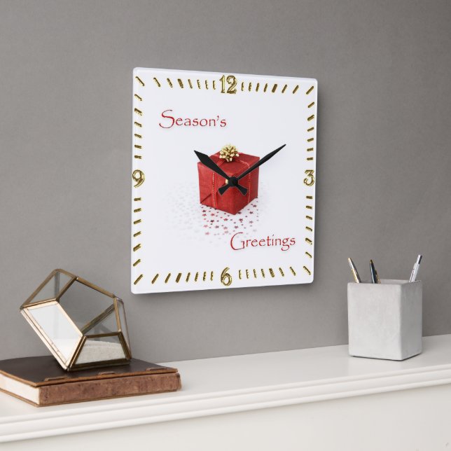 Relógio Quadrado Red Gift Box Season's Greetings Clock (Escritório)