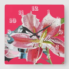 Relógio Quadrado Red Lily Lily Watercolor Flower Art