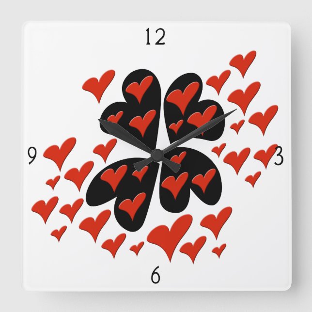 Relógio Quadrado Red on Black Heart Square Wall Clock (Frente)