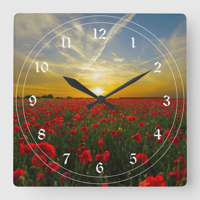 Relógio Quadrado Red Poppy Sunset (Frente)