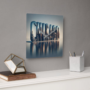 Relógio Quadrado Reflexão sobre a Água na Cidade de Chicago