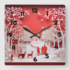 Relógio Quadrado Reindeers 3D e Pessoas na aldeia