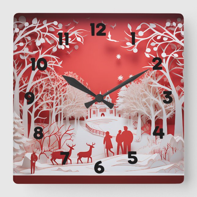 Relógio Quadrado Reindeers 3D e Pessoas na aldeia (Frente)