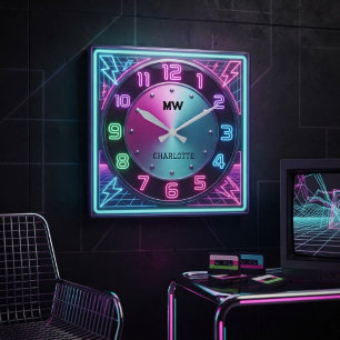 Relógio Quadrado Relâmpago Neon Retro-Futurista Synthwave dos Anos
