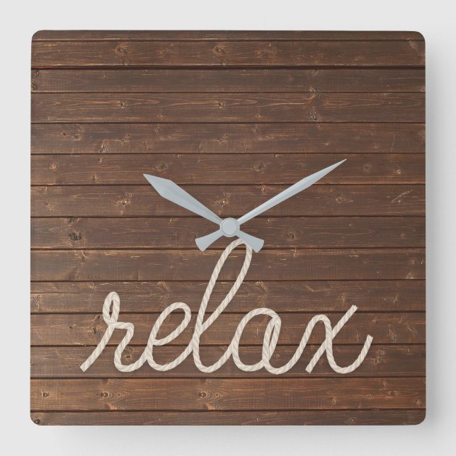 Relógio Quadrado Relaxe o texto e a corda náutica no teak (Frente)