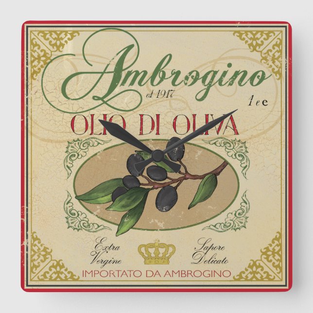 Relógio Quadrado "Relógio de cozinha italiano, etiqueta de azeite d (Frente)