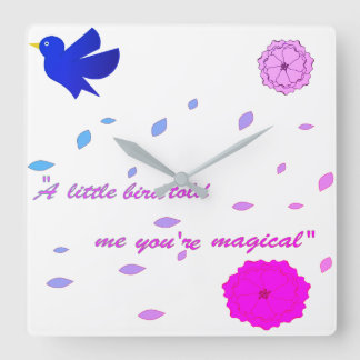 Relógio Quadrado "Relógio Floral de Cottagecore - Pássaro Roxo e Fl