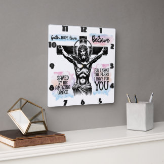 Relógio Quadrado Representação de Jesus na Cruz