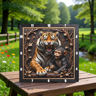 Relógio Quadrado Retrato aproximado de macaco e tigre