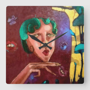 Relógio Quadrado Retrato colorido da Abstrato - Pintura a óleo
