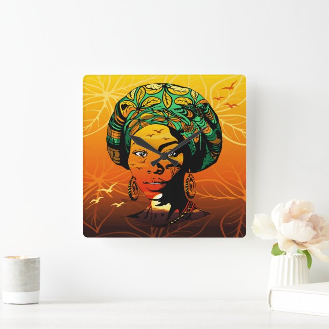Relógio Quadrado Retrato de Mulher Africana com Sunset (Lar)