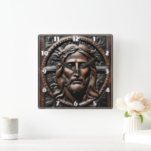 Relógio Quadrado Retrato gravado de Jesus com fundo de Ornamentado