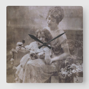 Relógio Quadrado Retrato Mãe e Filho Vintage Sepia