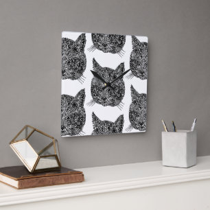 Relógio Quadrado Retrato Ornamental de Gato Negro e Branco