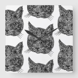 Relógio Quadrado Retrato Ornamental de Gato Negro e Branco