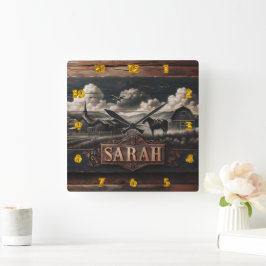 Relógio Quadrado Retrato Russo de Cavalo Perto de Farmhouse em Dusk