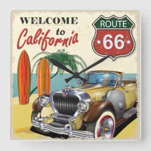 Relógio Quadrado Retro "Bem-vindo à Califórnia" Route 66 poster,