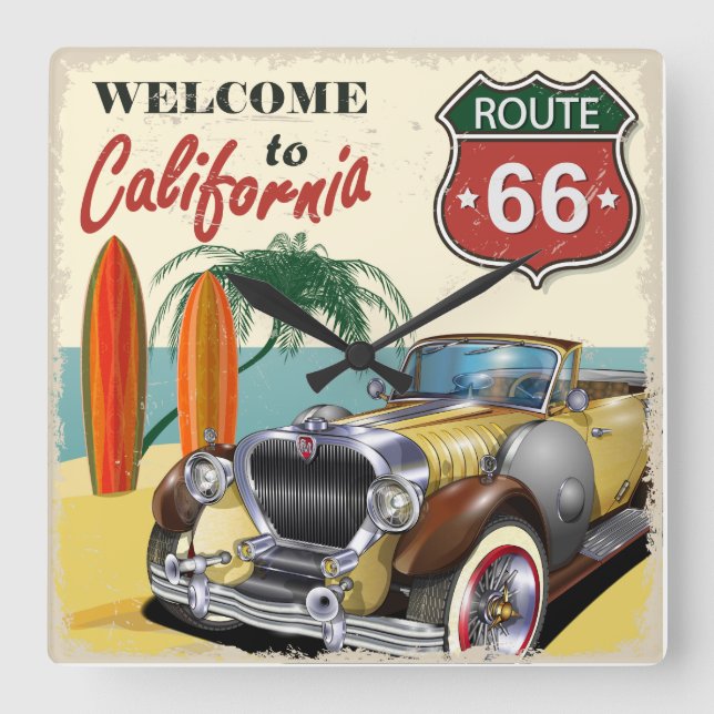Relógio Quadrado Retro "Bem-vindo à Califórnia" Route 66 poster, (Frente)
