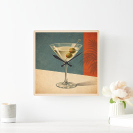 Relógio Quadrado Retro Martini Cocktail Wall Clock Mid Century Bar