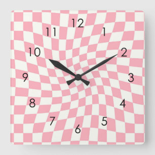 Relógio Quadrado Retro Pastel Pink Checks Warped Checkered Dorm