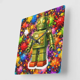 Relógio Quadrado Retro robot colour burst square wall