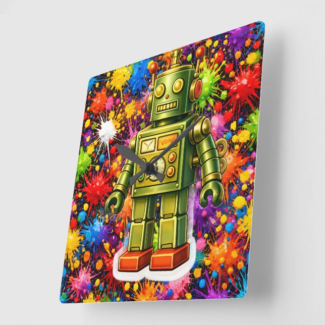 Relógio Quadrado Retro robot colour burst square wall (Ângulo)