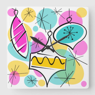 Relógio Quadrado Retro Tree Baubles - quadrado