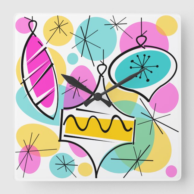 Relógio Quadrado Retro Tree Baubles - quadrado (Frente)