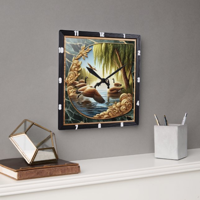 Relógio Quadrado Rio Russo Gliding Geese (Escritório)