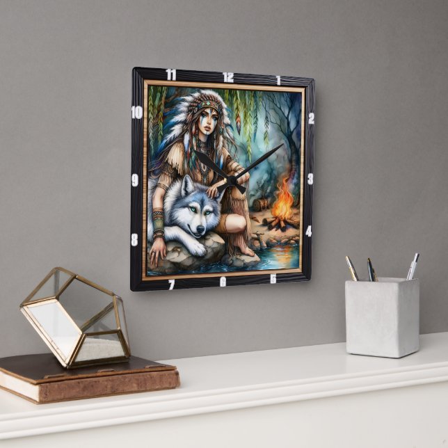 Relógio Quadrado Ritmo Nativo: Crepúsculo de dança selvagem (Escritório)