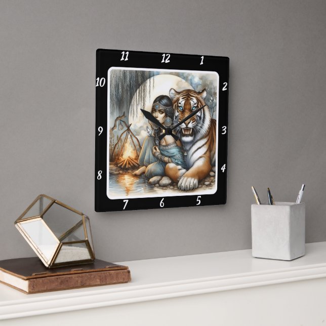 Relógio Quadrado Ritmo Nativo: Ritmo de Tigre de Dança Selvagem (Escritório)