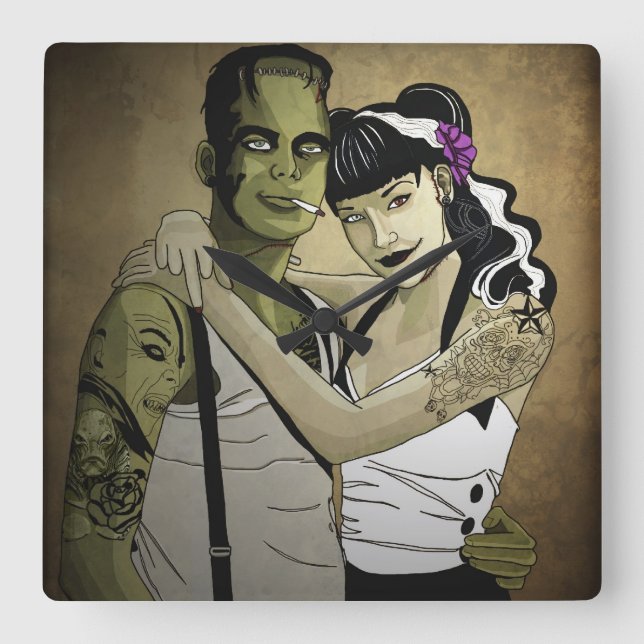 Relógio Quadrado Rockabilly Frank e Bride (Frente)